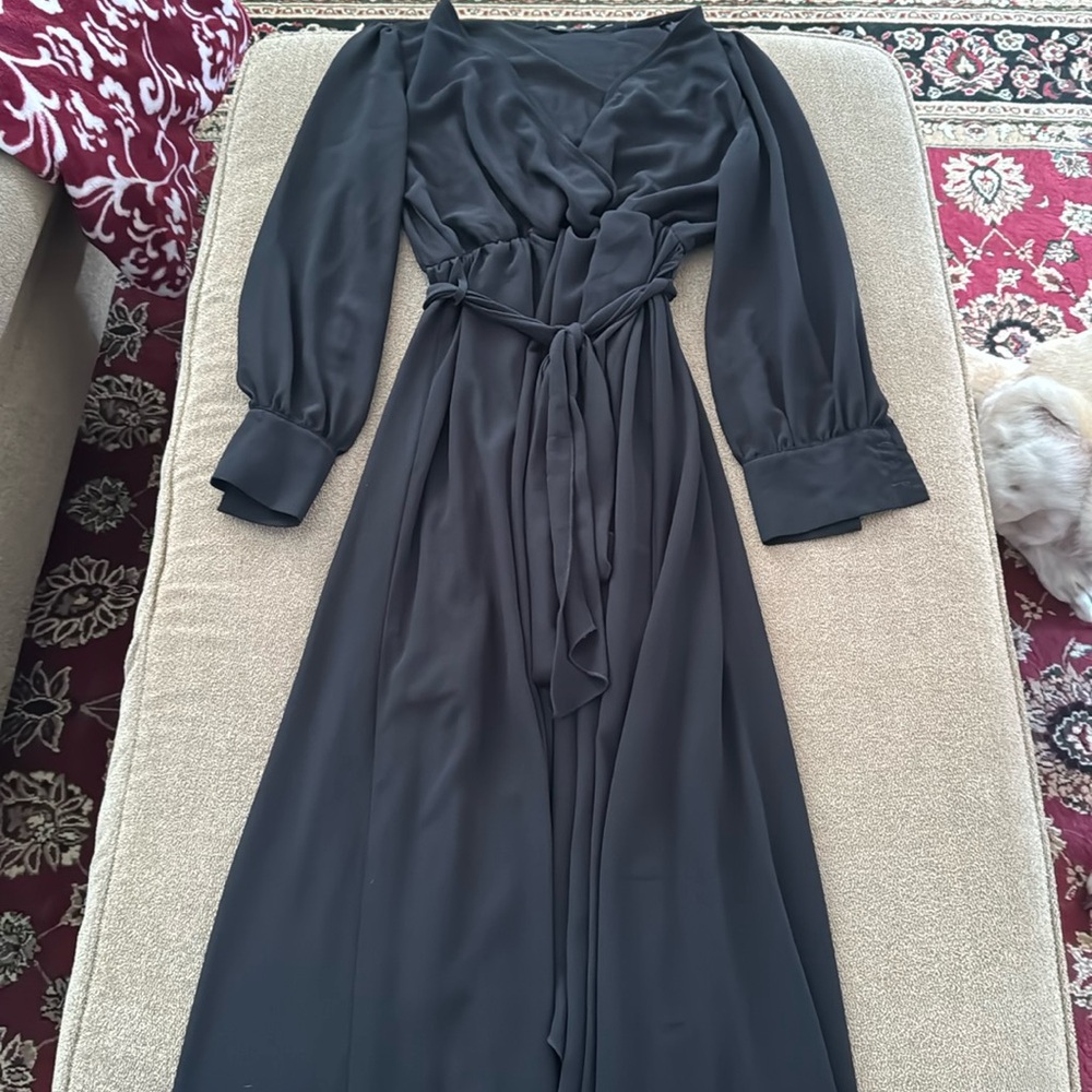 Poetry Solid Black Polyester Lined Tie Front Dres… - image 1